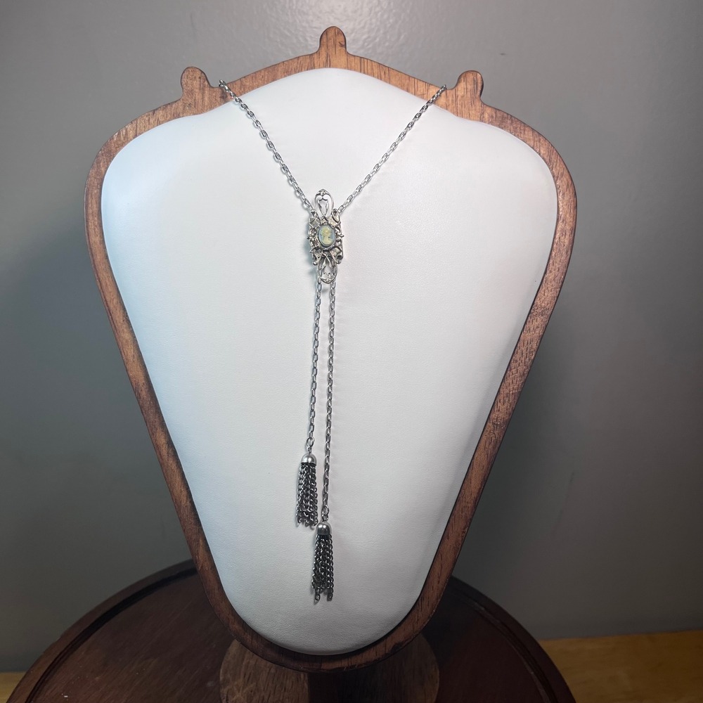 Vtg Silver Tone Blue Cameo Filigree Slider Tassel Lariat Necklace 32" Pat Pend
